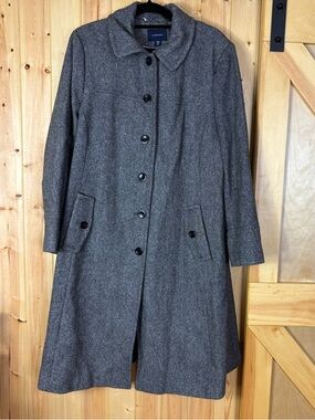 Lands’ End Wool Gray Tweed Long Coat Womens 18W Button Front Career Classic
